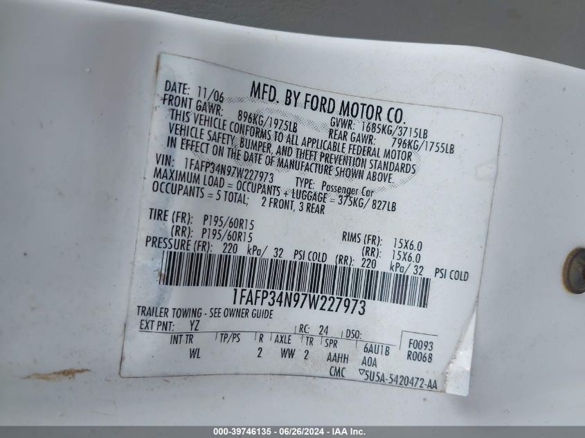 2007 Ford Focus S/Se/Ses VIN: 1FAFP34N97W227973 Lot: 39746135