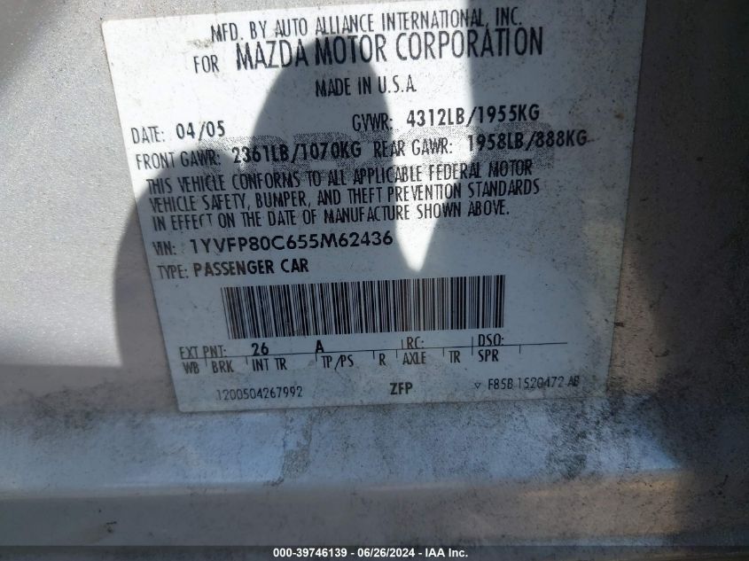2005 Mazda Mazda6 I VIN: 1YVFP80C655M62436 Lot: 39746139