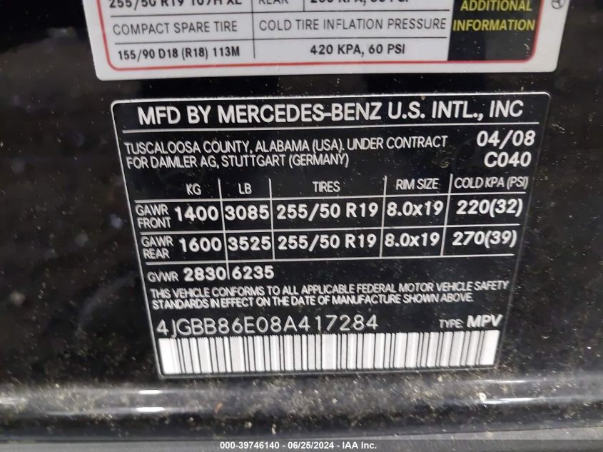 2008 Mercedes-Benz Ml 350 4Matic VIN: 4JGBB86E08A417284 Lot: 39746140