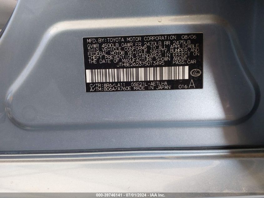 2007 Lexus Is 350 VIN: JTHBE262375013495 Lot: 39746141