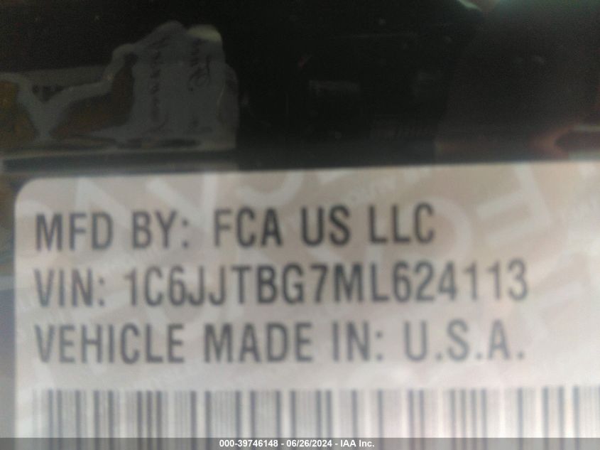 2021 Jeep Gladiator Rubicon 4X4 VIN: 1C6JJTBG7ML624113 Lot: 39746148