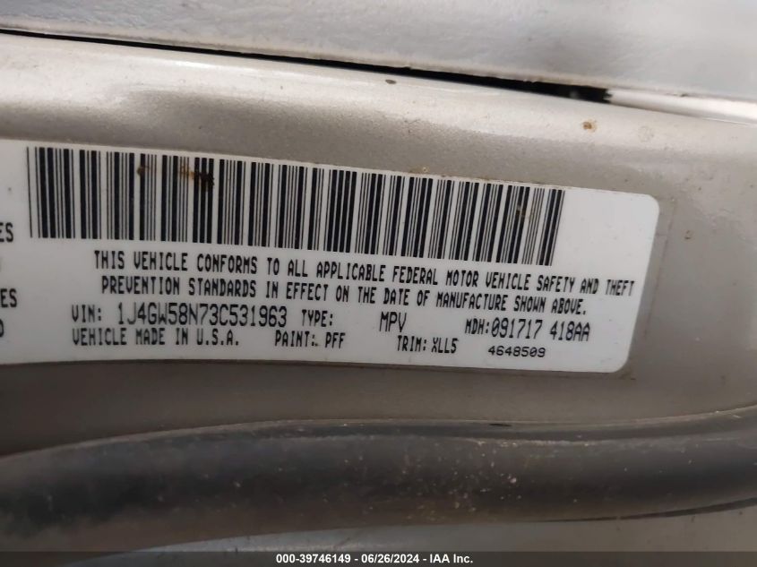 2003 Jeep Grand Cherokee Limited VIN: 1J4GW58N73C531963 Lot: 39746149