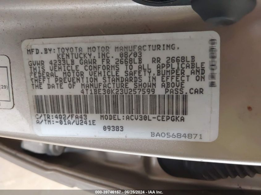 2003 Toyota Camry Xle VIN: 4T1BE30K23U257599 Lot: 39746157