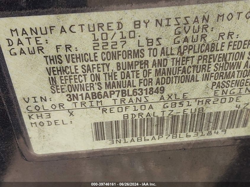 2011 Nissan Sentra 2.0Sr VIN: 3N1AB6AP7BL631849 Lot: 39746161