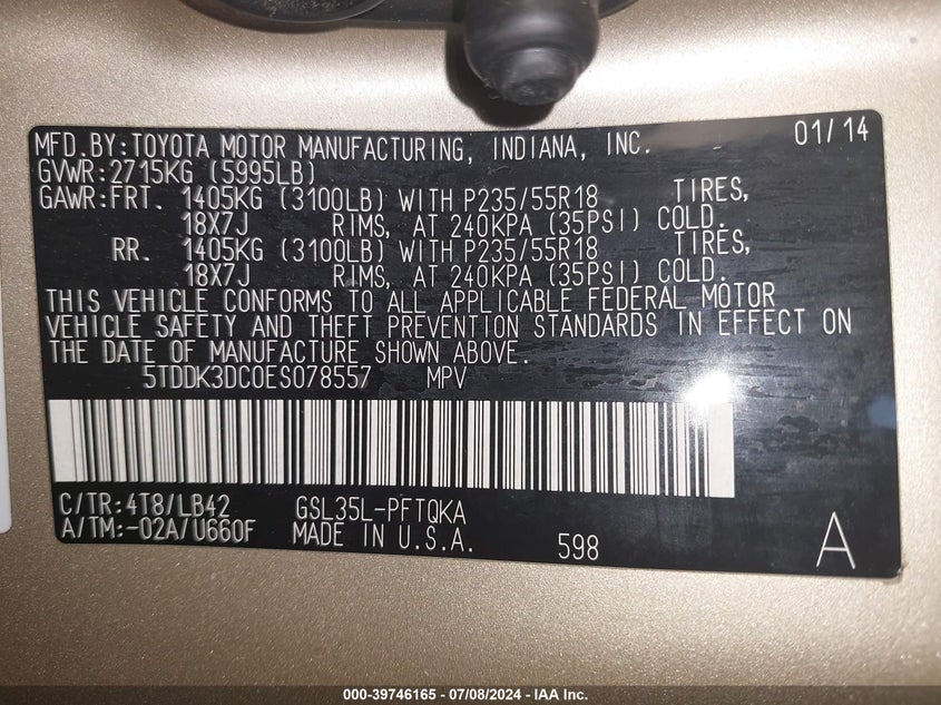 2014 Toyota Sienna Xle 7 Passenger VIN: 5TDDK3DC0ES078557 Lot: 39746165