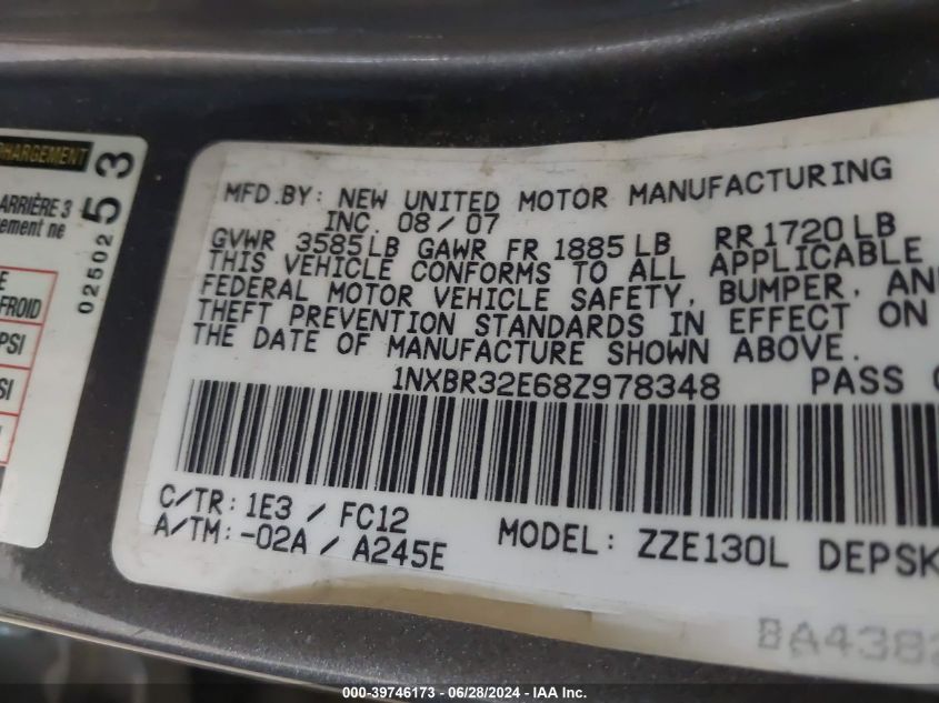 2008 Toyota Corolla Ce/Le/S VIN: 1NXBR32E68Z978348 Lot: 39746173