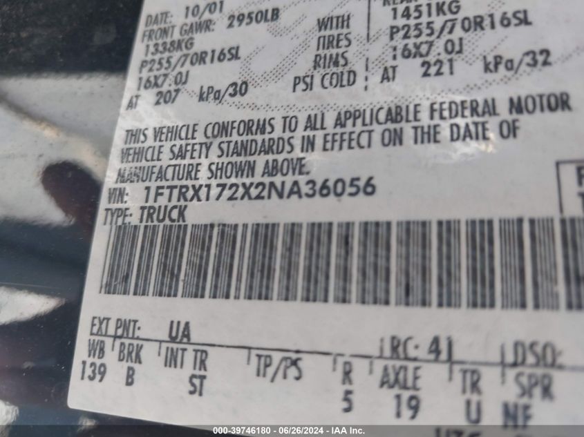 2002 Ford F-150 Xl/Xlt VIN: 1FTRX172X2NA36056 Lot: 39746180