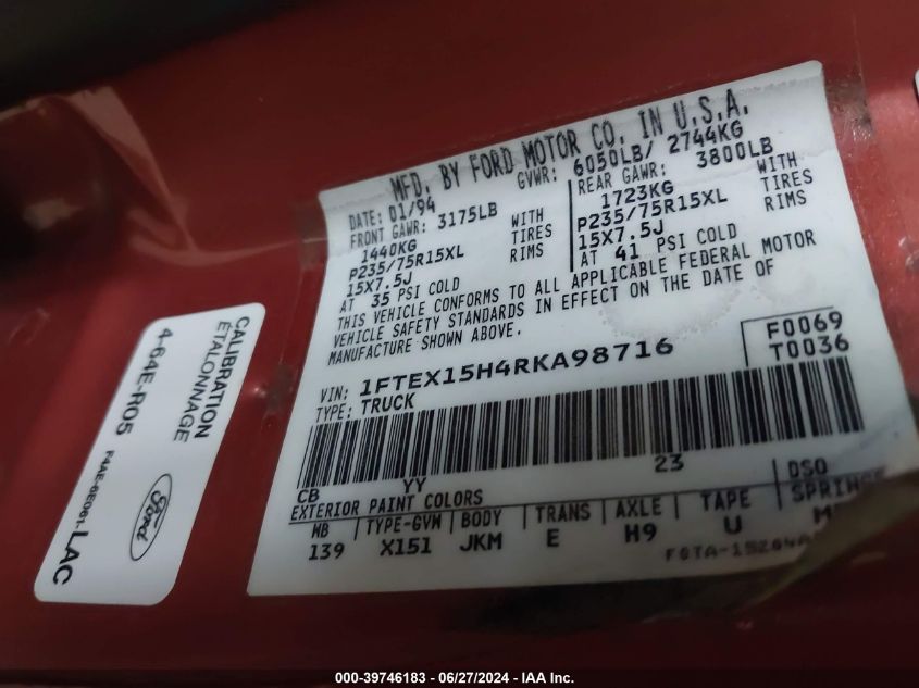 1994 Ford F150 VIN: 1FTEX15H4RKA98716 Lot: 39746183