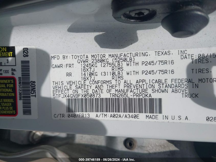 2015 Toyota Tacoma Prerunner VIN: 5TFJX4GN9FX050873 Lot: 39746189
