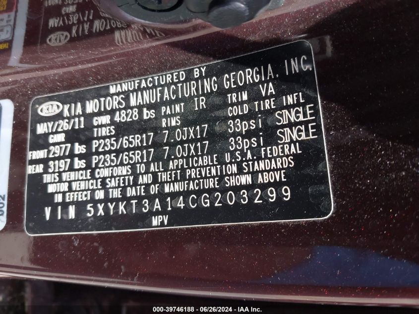 2012 Kia Sorento Lx VIN: 5XYKT3A14CG203299 Lot: 39746188