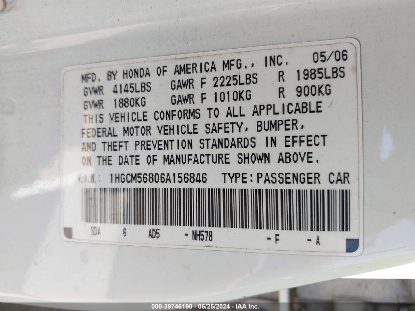 2006 Honda Accord 2.4 Ex VIN: 1HGCM56806A156846 Lot: 39746190
