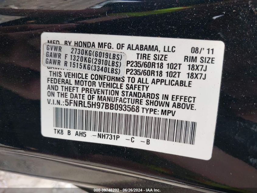2011 Honda Odyssey Touring/Touring Elite VIN: 5FNRL5H97BB093568 Lot: 39746202