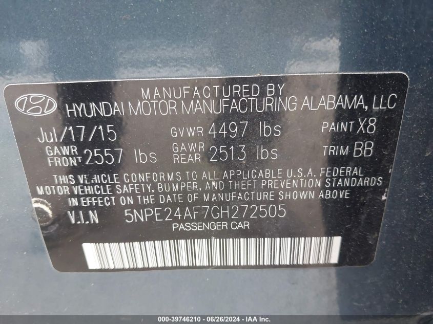 2016 Hyundai Sonata Se VIN: 5NPE24AF7GH272505 Lot: 39746210