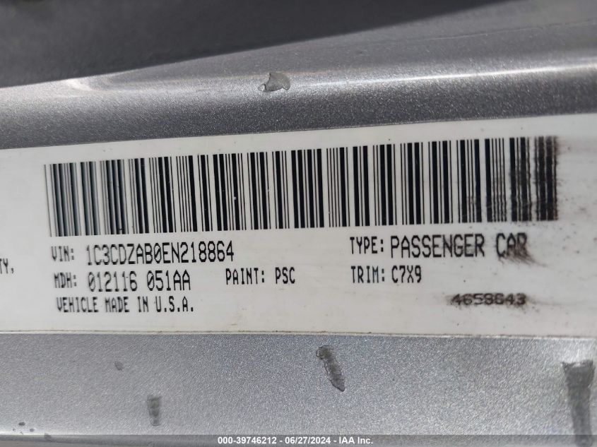 2014 Dodge Avenger Se VIN: 1C3CDZAB0EN218864 Lot: 39746212