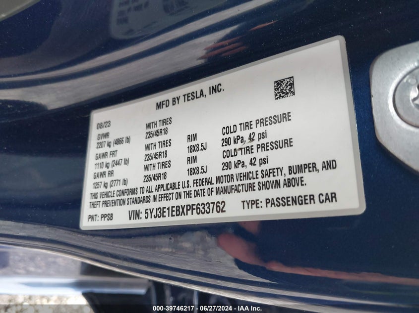 2023 Tesla Model 3 VIN: 5YJ3E1EBXPF633762 Lot: 39746217