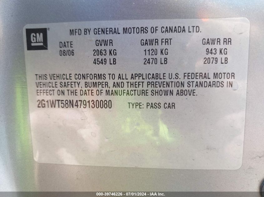 2007 Chevrolet Impala Lt VIN: 2G1WT58N479130080 Lot: 39746226