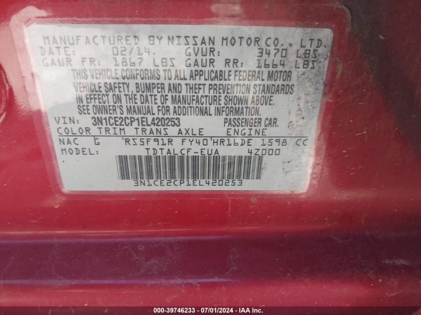 2014 Nissan Versa Note S (Sr) VIN: 3N1CE2CP1EL420253 Lot: 39746233