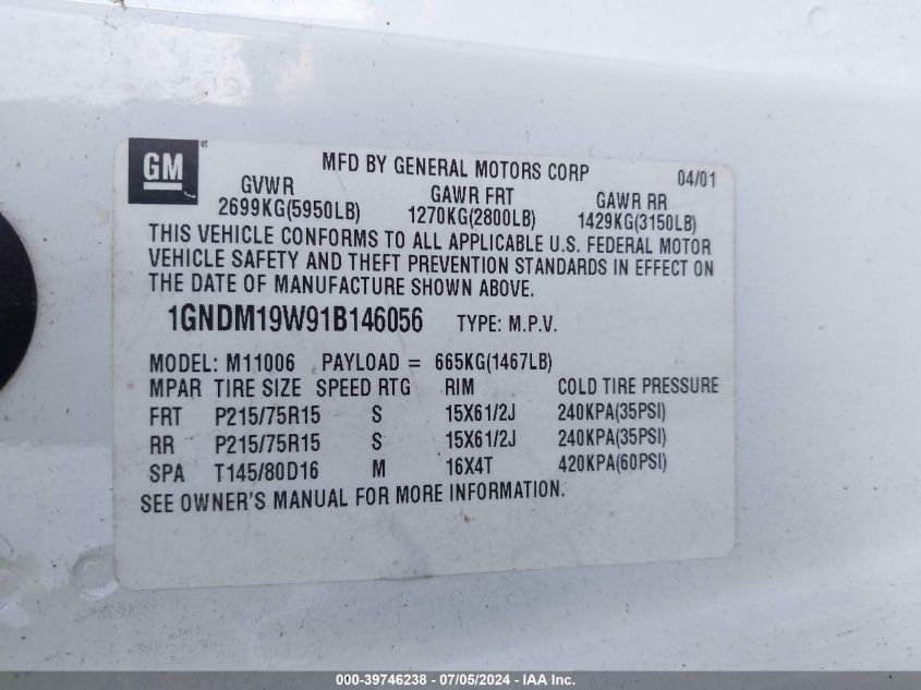 2001 Chevrolet Astro Ls VIN: 1GNDM19W91B146056 Lot: 39746238