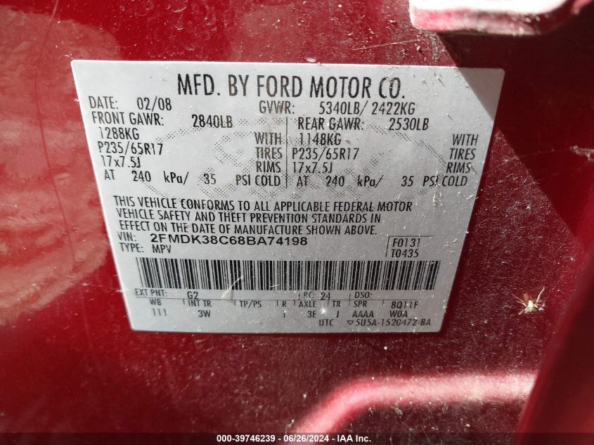2008 Ford Edge Sel VIN: 2FMDK38C68BA74198 Lot: 39746239