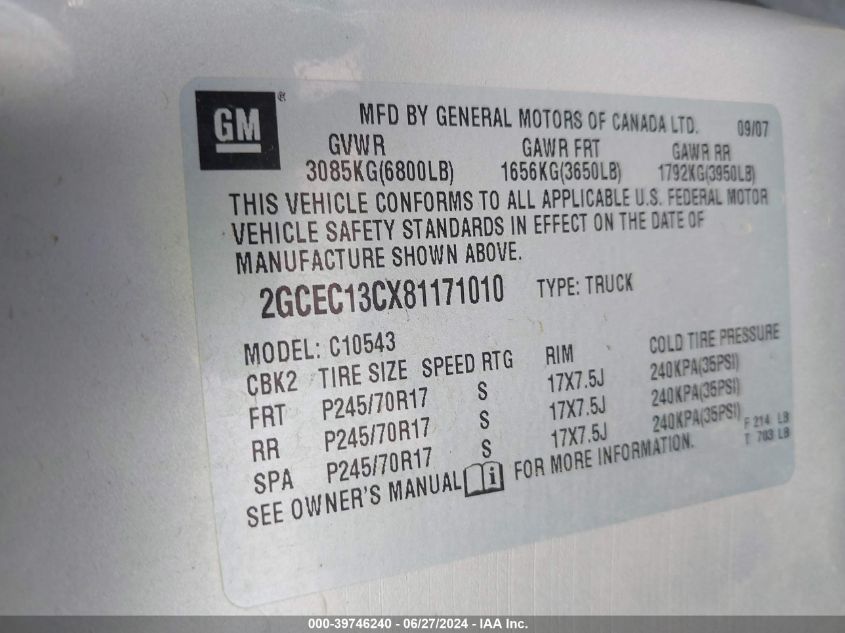 2008 Chevrolet Silverado 1500 Ls VIN: 2GCEC13CX81171010 Lot: 39746240