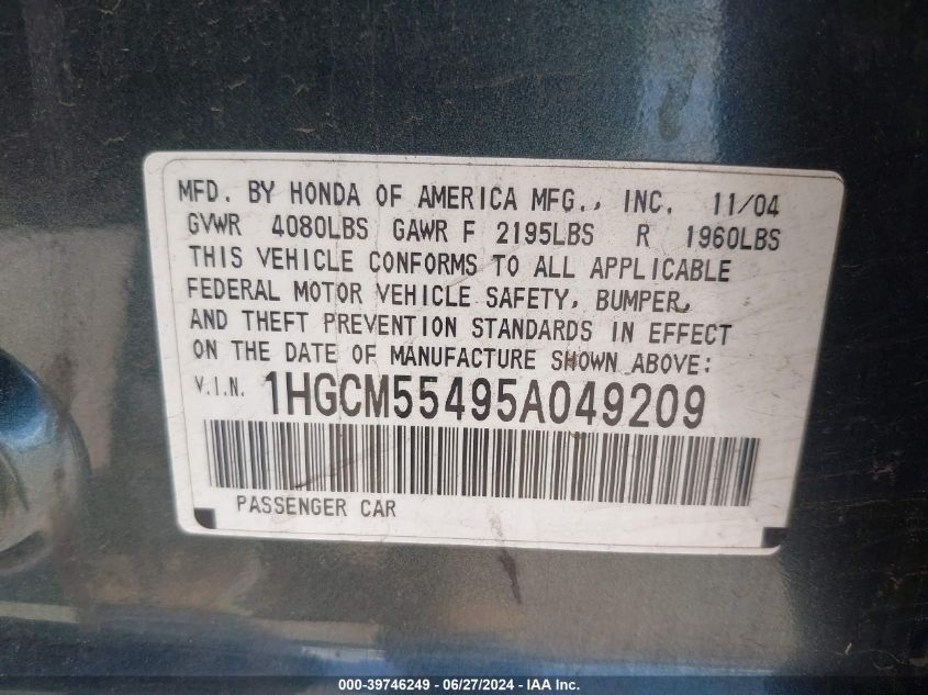 2005 Honda Accord Lx VIN: 1HGCM55495A049209 Lot: 39746249