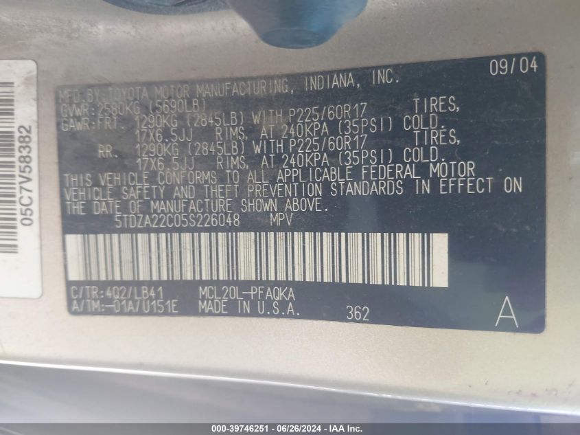 2005 Toyota Sienna Xle VIN: 5TDZA22C05S226048 Lot: 39746251