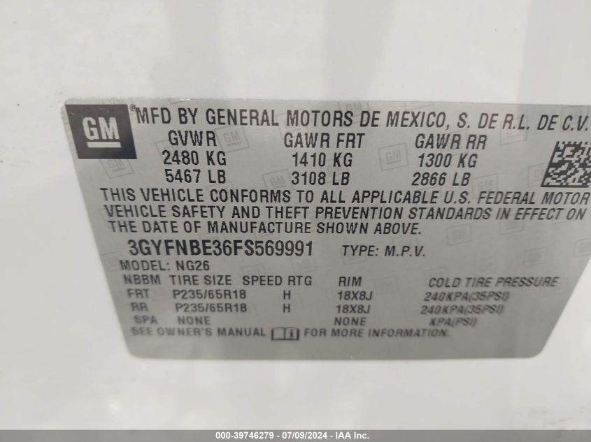 2015 Cadillac Srx Luxury Collection VIN: 3GYFNBE36FS569991 Lot: 39746279