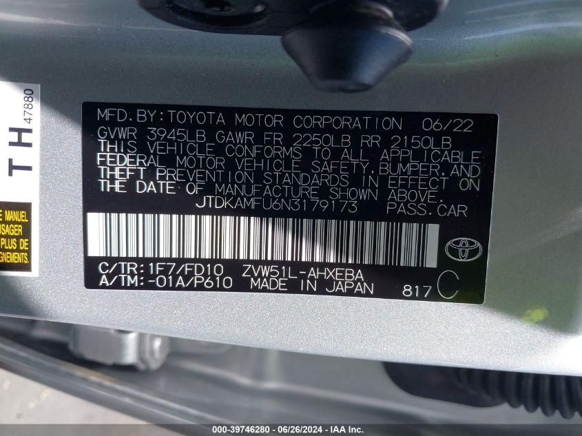 2022 Toyota Prius Night Shade/L/Le/Xle/Limited VIN: JTDKAMFU6N3179173 Lot: 39746280