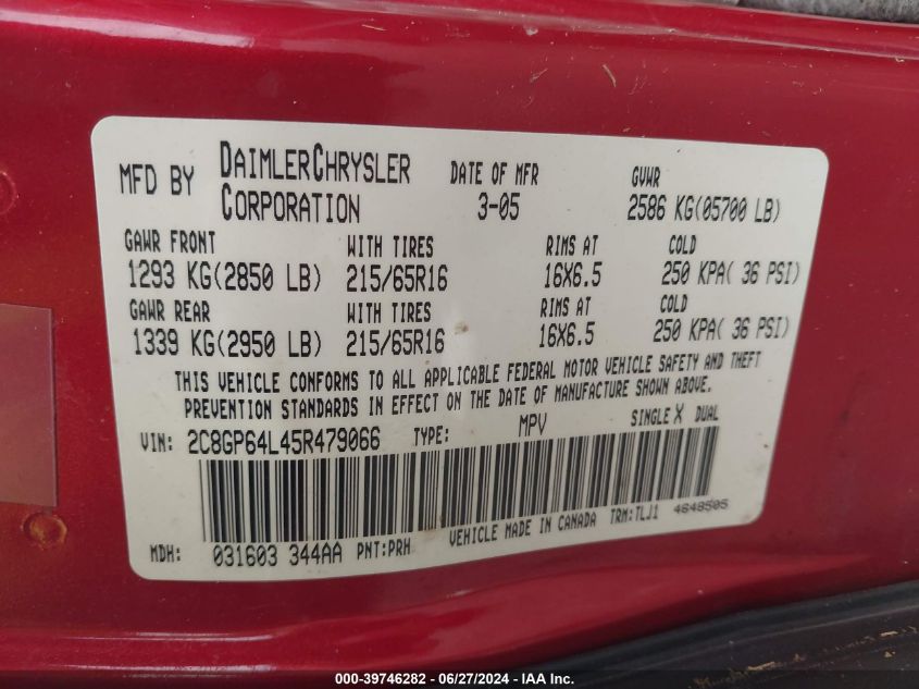 2005 Chrysler Town & Country Limited VIN: 2C8GP64L45R479066 Lot: 39746282