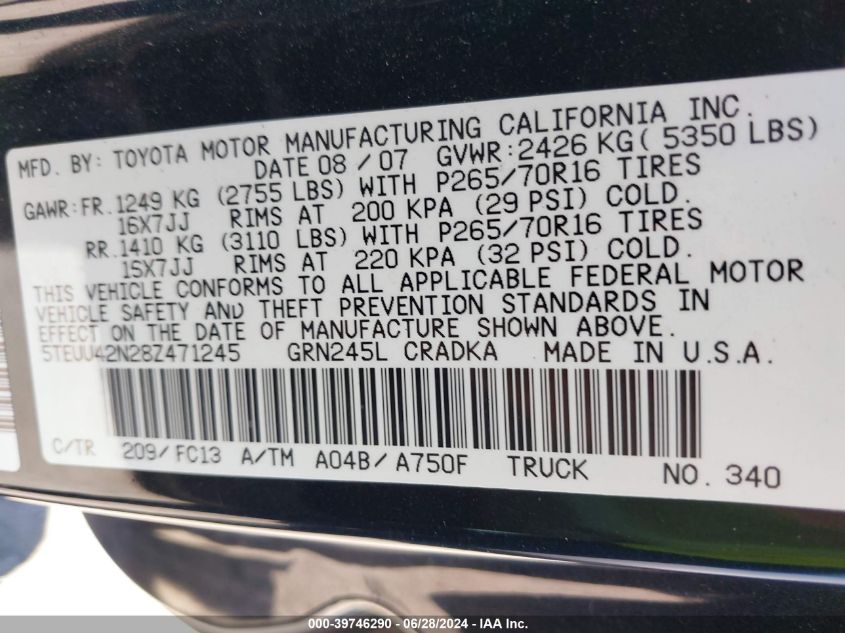 2008 Toyota Tacoma Base V6 VIN: 5TEUU42N28Z471245 Lot: 39746290