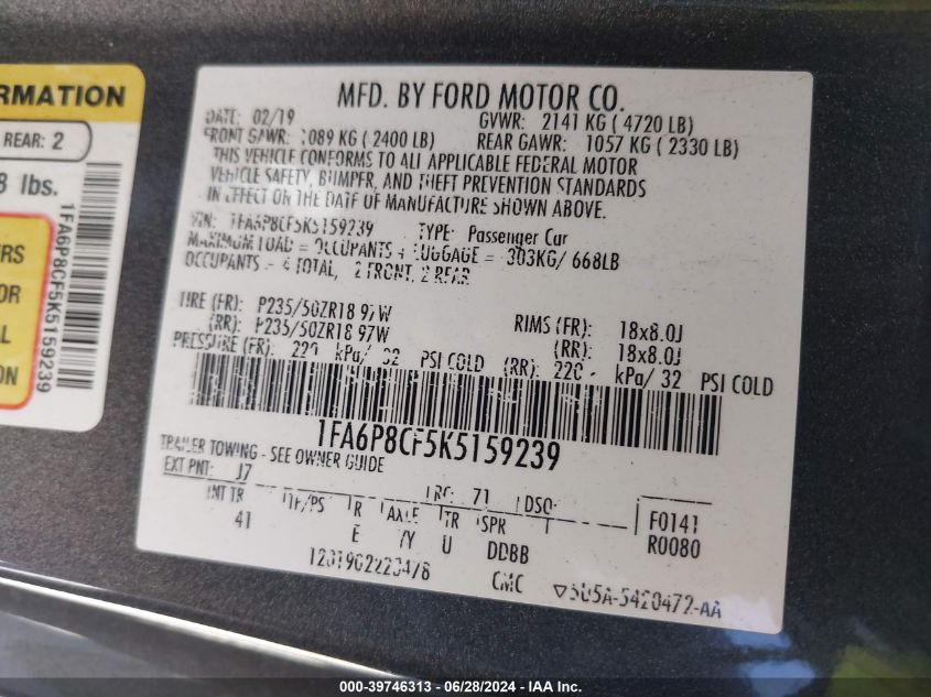 2019 Ford Mustang Gt Premium VIN: 1FA6P8CF5K5159239 Lot: 39746313