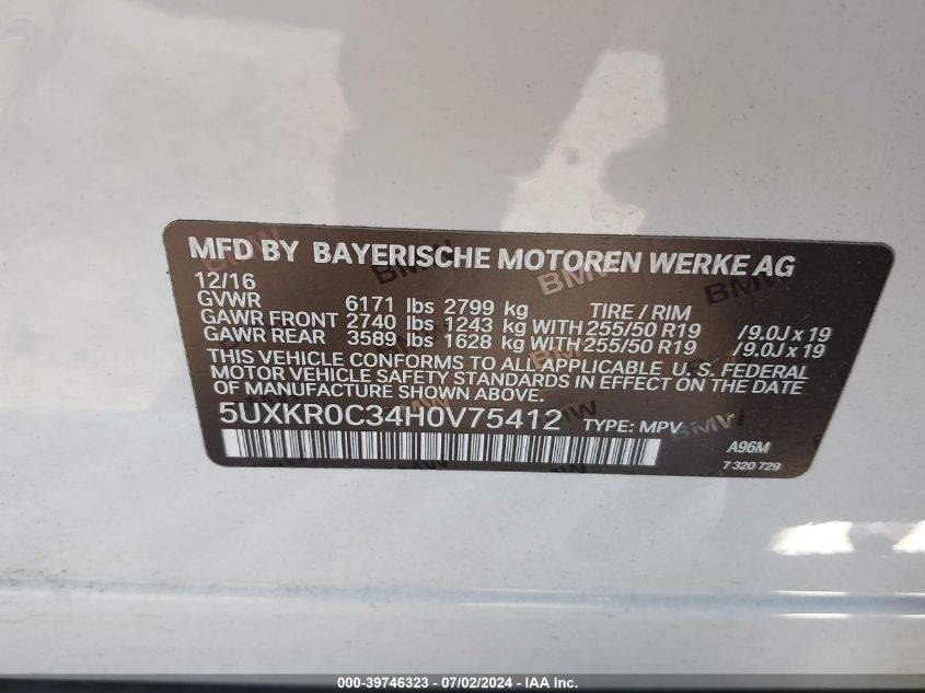 2017 BMW X5 xDrive35I VIN: 5UXKR0C34H0V75412 Lot: 39746323