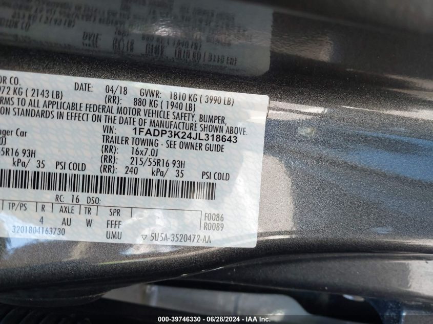 2018 Ford Focus Se VIN: 1FADP3K24JL318643 Lot: 39746330