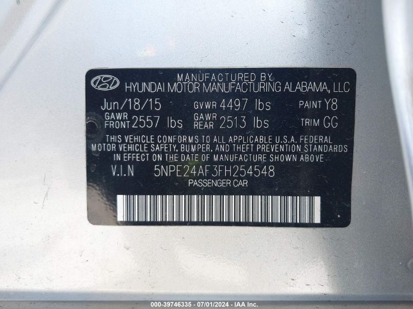 2015 Hyundai Sonata Se VIN: 5NPEB4AC0BH118362 Lot: 39746335