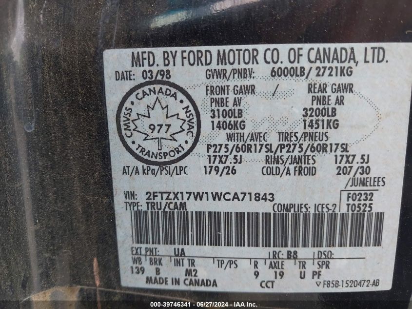 1998 Ford F-150 VIN: 2FTZX17W1WCA71843 Lot: 39746341