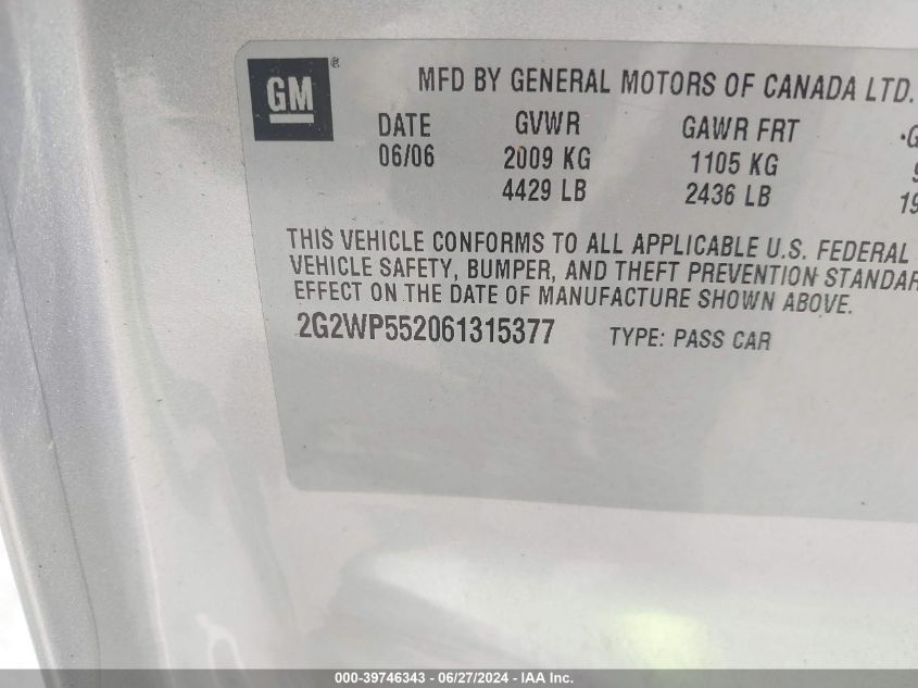 2006 Pontiac Grand Prix VIN: 2G2WP552061315377 Lot: 39746343