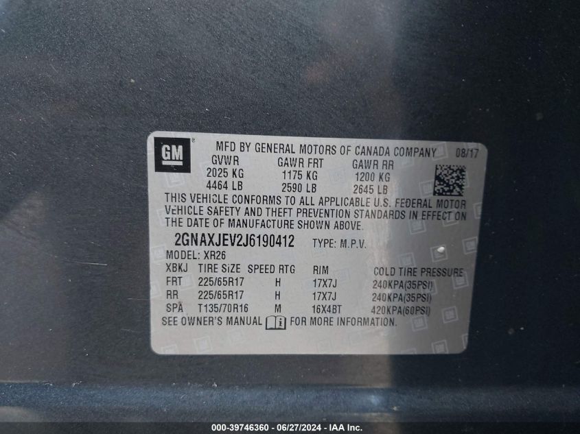 2018 Chevrolet Equinox Lt VIN: 2GNAXJEV2J6190412 Lot: 39746360