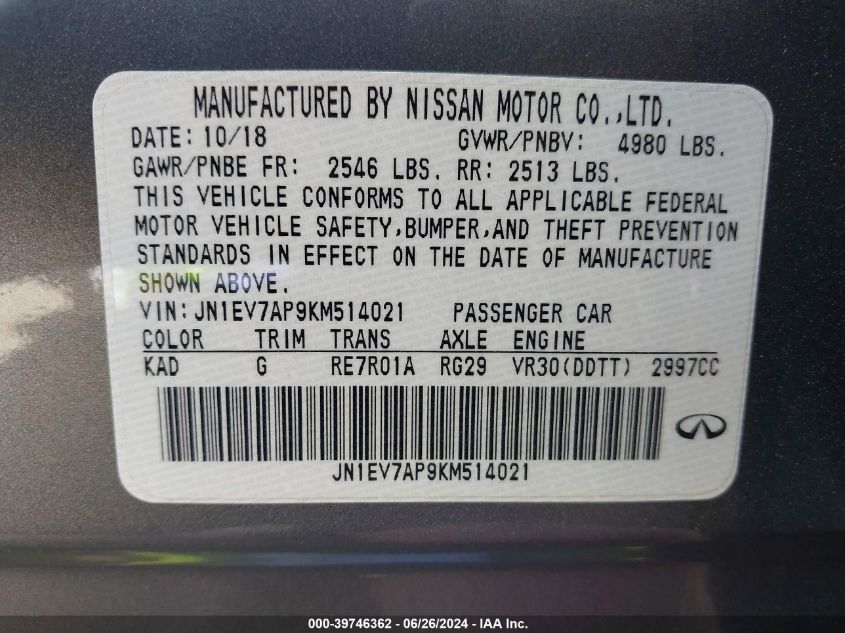 2019 Infiniti Q50 Luxe/Sport/Signature Edit VIN: JN1EV7AP9KM514021 Lot: 39746362