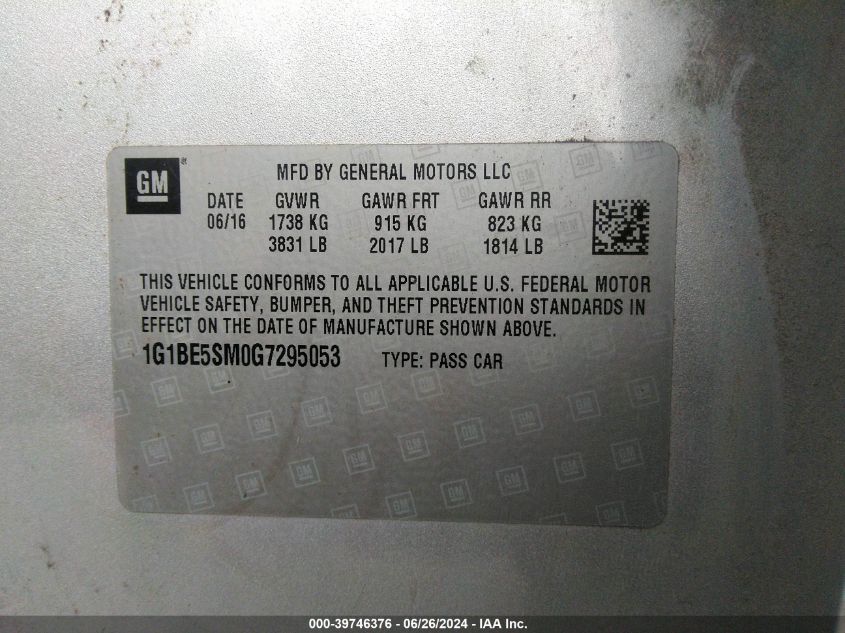 2016 Chevrolet Cruze Lt VIN: 1G1BE5SM0G7295053 Lot: 39746376