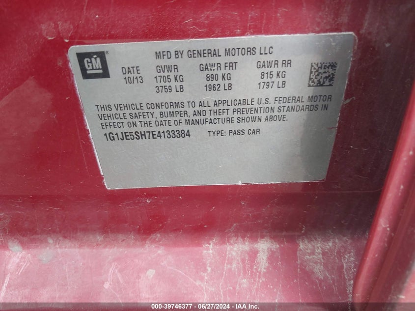 2014 Chevrolet Sonic Ltz Auto VIN: 1G1JE5SH7E4133384 Lot: 39746377