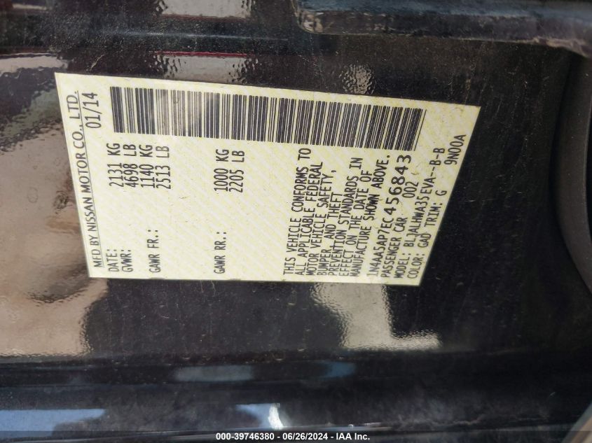 2014 Nissan Maxima 3.5 Sv VIN: 1N4AA5AP7EC456843 Lot: 39746380