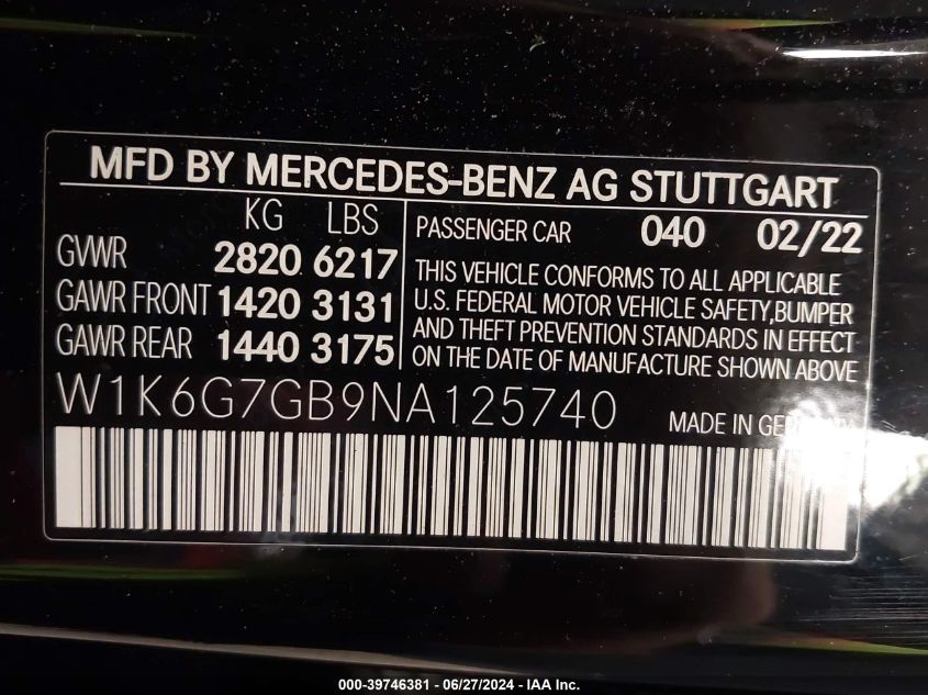 2022 Mercedes-Benz S 580 4Matic VIN: W1K6G7GB9NA125740 Lot: 39746381