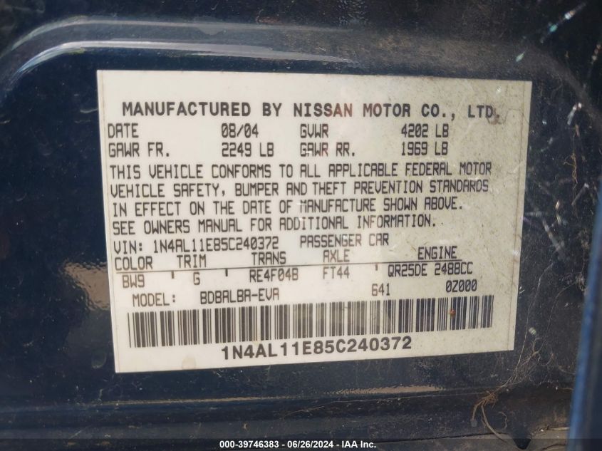 2005 Nissan Altima 2.5 S VIN: 1N4AL11E85C240372 Lot: 39746383