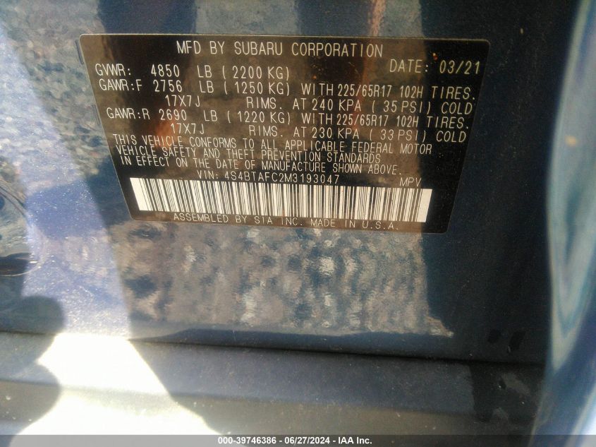 2021 Subaru Outback Premium VIN: 4S4BTAFC2M3193047 Lot: 39746386