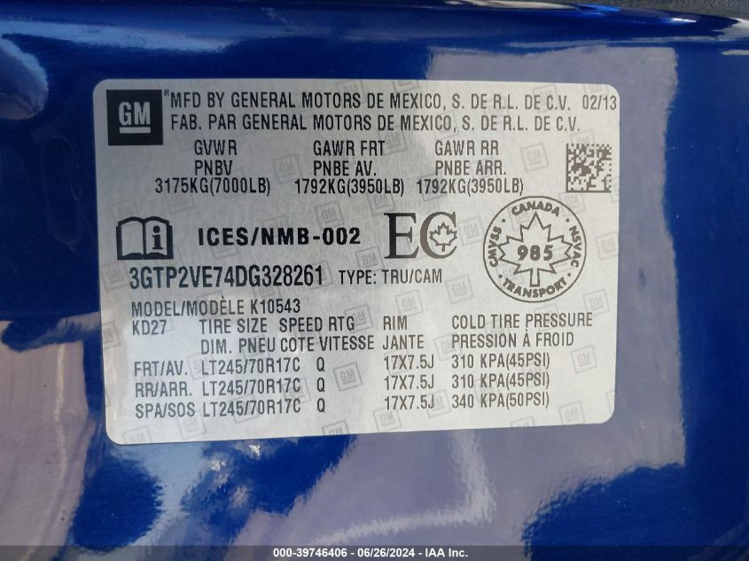 2013 GMC Sierra 1500 Sle VIN: 3GTP2VE74DG328261 Lot: 39746406