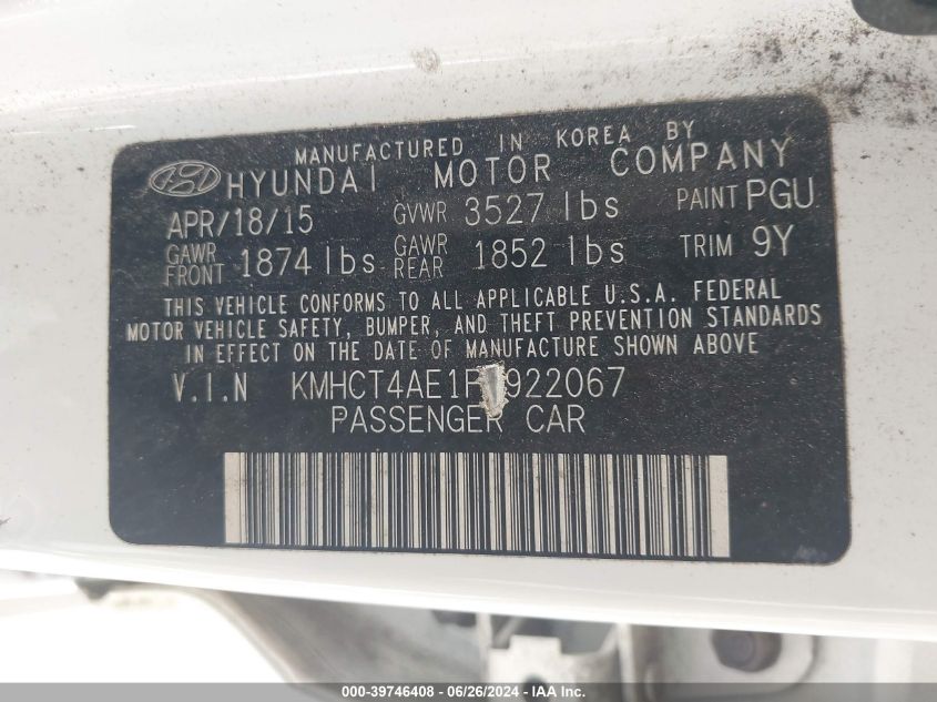 2015 Hyundai Accent Gls VIN: KMHCT4AE1FU922067 Lot: 39746408