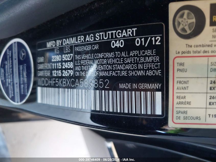 2012 Mercedes-Benz E 350 VIN: WDDHF5KBXCA589852 Lot: 39746409