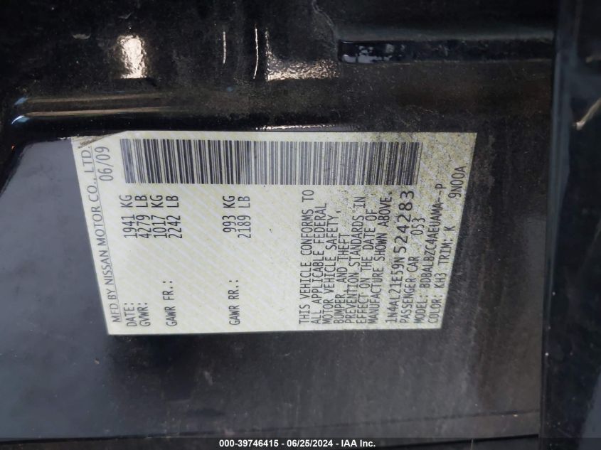 2009 Nissan Altima 2.5 S VIN: 1N4AL21E59N524283 Lot: 39746415