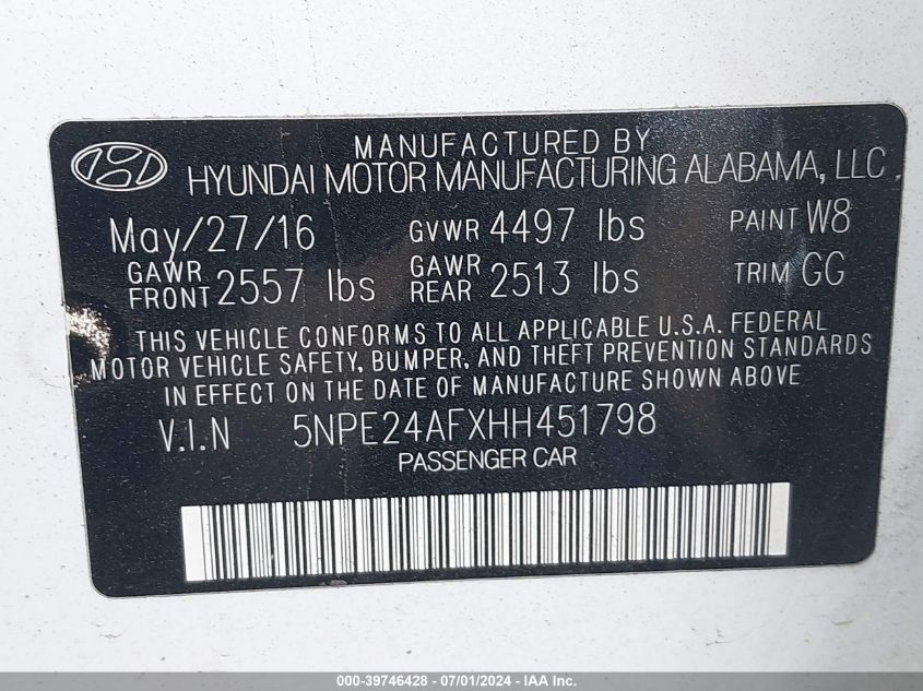 2017 Hyundai Sonata VIN: 5NPE24AFXHH451798 Lot: 39746428
