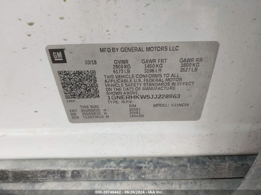 2018 Chevrolet Traverse Lt VIN: 1GNERHKW5JJ228963 Lot: 39746442